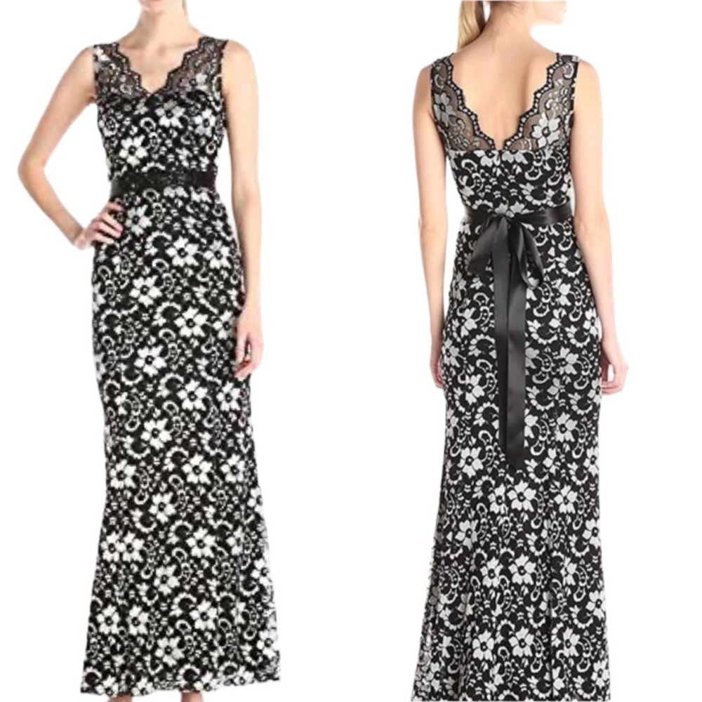 Betsy & Adam Black Sleeveless Tie-Waist Floral Lace Maxi Dress Size 12 Nwt